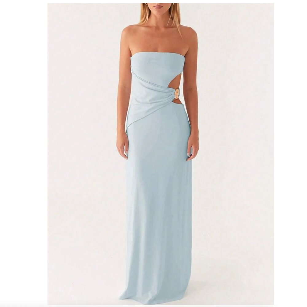 NEVER WORN MAXI DRESS STRAPLESS CUT OUT GOLD HARDWARE